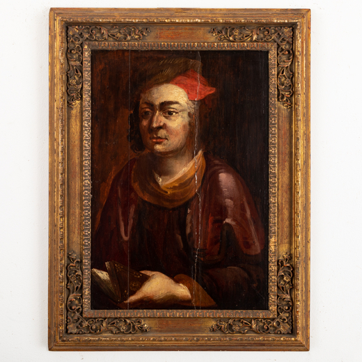 PITTORE DEL XVII-XVIII SECOLO Ritratto maschile<br>Olio su tavola, cm 66X45,5
