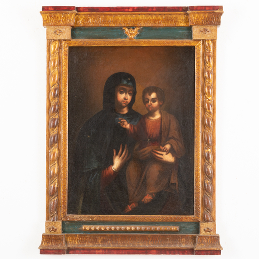PITTORE DEL XVIII-XIX SECOLO  Madonna col Bambino<br>Olio su tela, cm 75X56