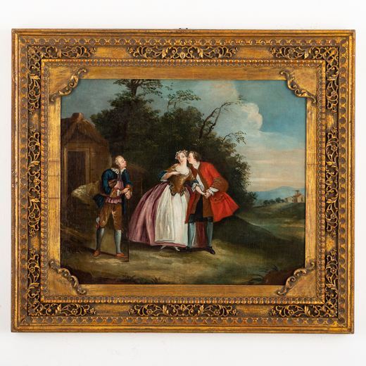 PHILIPPE MERCIER (attr. a)  (Berlino, 1689 - Londra, 1760) <br>Scena galante in esterno<br>Olio su t