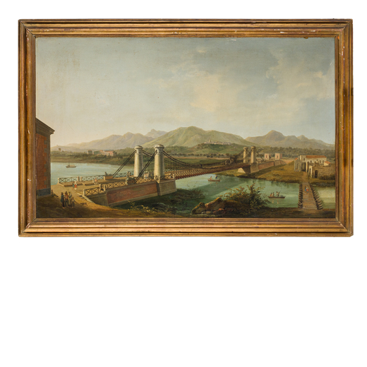 FRANCESCO FERGOLA Napoli 1791 - Messina 1845<br>Ponte sul fiume Garigliano<br>Iscrizione e firma Fra