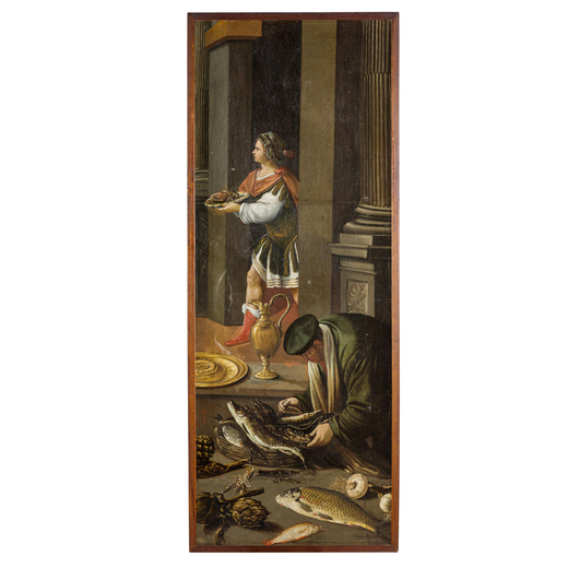 PITTORE FIAMMINGO DEL XVII SECOLO  Scena di cucina con natura morta di pesci <br>Olio su tela, cm 18
