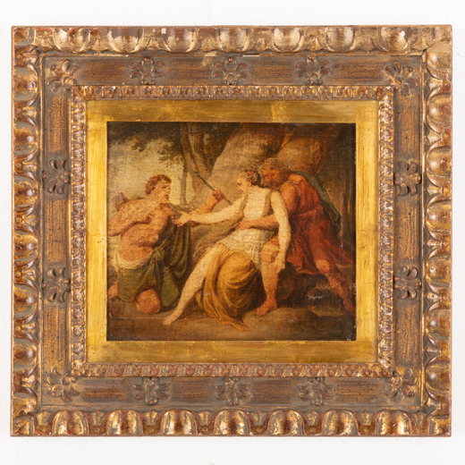 PITTORE DEL XVIII SECOLO Scena mitologica<br>Olio su tela applicata su tavola, cm 32X36,5