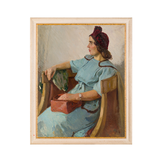 PITTORE RUSSO DEL XX SECOLO <br>Ritratto di donna con abito azzurro <br>Olio su tela, cm 87X69