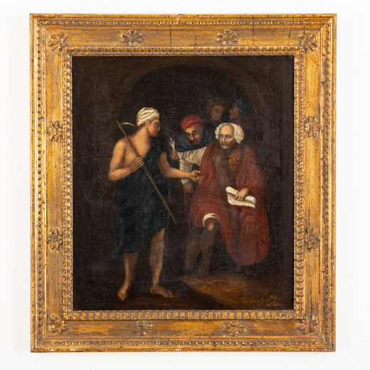 PITTORE DEL XVIII SECOLO Scena storica<br>Olio su tela, cm 65X56