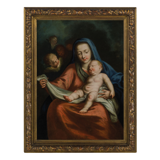 JACOPO AMIGONI (attr. a) (Venezia, 1682 - Madrid, 1752)<br>Madonna con Bambino <br>Olio su tela, cm 