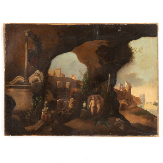 PITTORE DEL XVIII SECOLO Capriccio architettonico<br>Olio su tela, cm 78X105,5