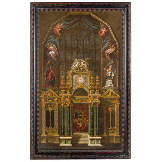 PITTORE DEL XVII-XVIII SECOLO  Progetto di altare con Ultima cena <br>Olio su tela, cm 146X87