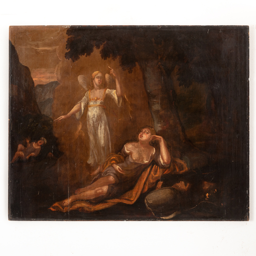 PITTORE DEL XVII-XVIII SECOLO Agar e langelo<br>Olio su tavola, cm 77X95
