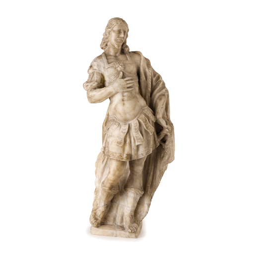 SCULTURA IN MARMO, XVIII SECOLO raffigurante Santo guerriero; usure, restauri, sbeccature e mancanze