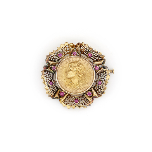 SPILLA IN ORO CON MONETA E RUBINI al centro una moneta da 20 Franchi Svizzeri in oro raffigurante ri