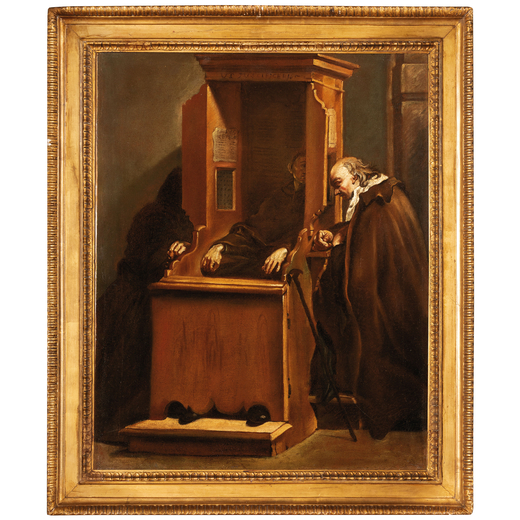 PITTORE DEL XVIII SECOLO Confessione<br>Olio su tela, cm 73X56