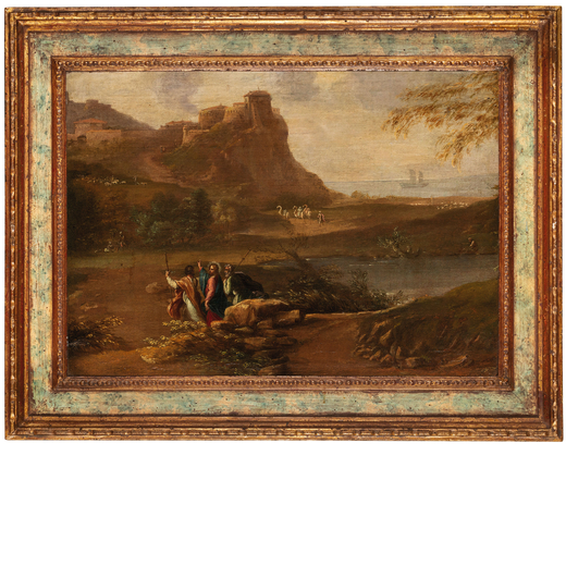 PAOLO ANESI (cerchia di) (Roma, 1697 - 1773)<br>Sulla via di Emmaus<br>Olio su tela, cm 45X63