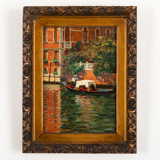 PITTORE DEL XIX-XX SECOLO <br>Gondola a Venezia <br>Olio su cartone telato, cm 23,5X17 