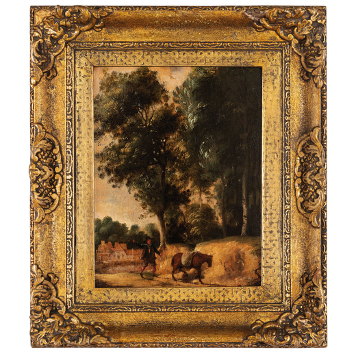 PITTORE DEL XVIII SECOLO Paesaggio con uomo e cavallo <br>Olio su tavola, cm 25X19