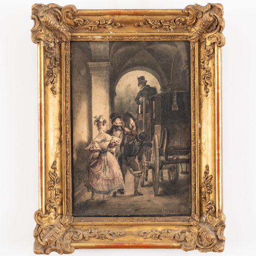 GIOVANNI MIGLIARA Alessandria, 1785 - Milano, 1837<br>Larrivo in carrozza <br>Firmato Gio Migliara i