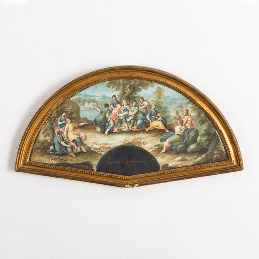 DECORATORE DEL XVIII-XIX SECOLO Scena classica, come modello di ventaglio<br>Olio su carta, cm 25,5X