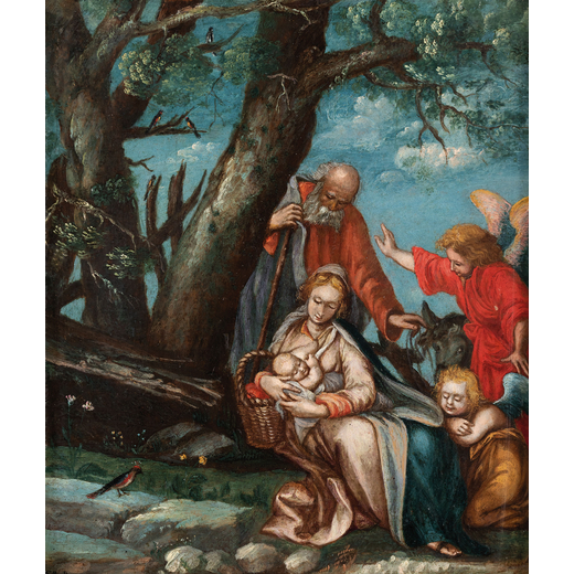 PITTORE DEL XVII-XVIII SECOLO Sacra Famiglia<br>Olio su rame, cm 23X18