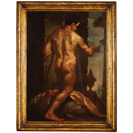 PITTORE TOSCANO DEL XVII-XVIII SECOLO Nudo maschile di spalle<br>Olio su tela, cm 55X41