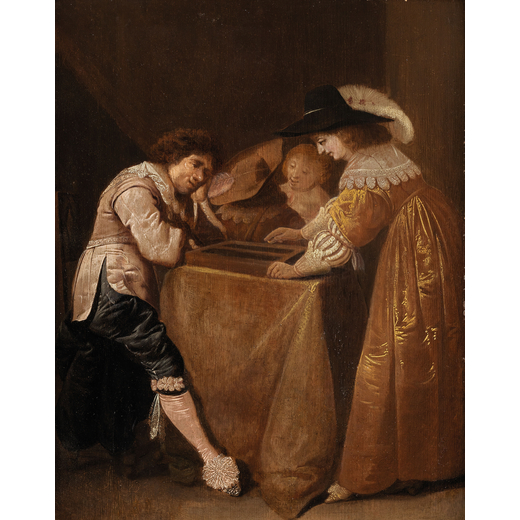 PIETER QUAST (Amsterdam, 1606 - 1647)<br>Coppia che gioca a backgammon<br>Siglato PQ e datato 1633 i