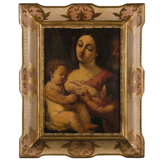PITTORE DEL XVII-XVIII SECOLO Sacra Famiglia<br>Olio su tela, cm 36X28