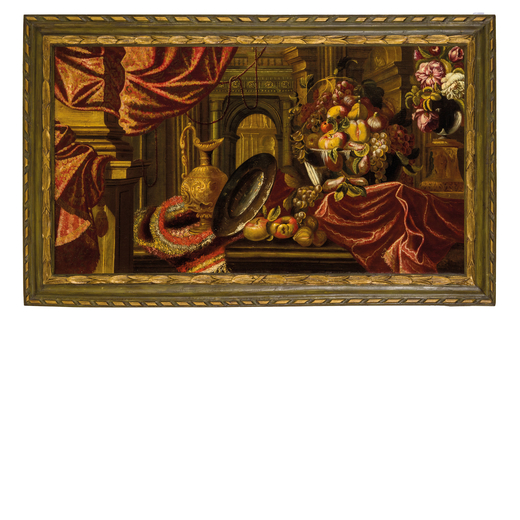 CARLO MANIERI (documentato a Roma dal 1662 al 1700)<br>Natura morta con tessuti, frutta e versatoi<b