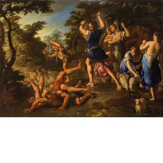 NICOLA VACCARO (Napoli, 1637 - 1717)<br>Mosè che difende le figlie di Ietro <br>olio su tela, cm 87