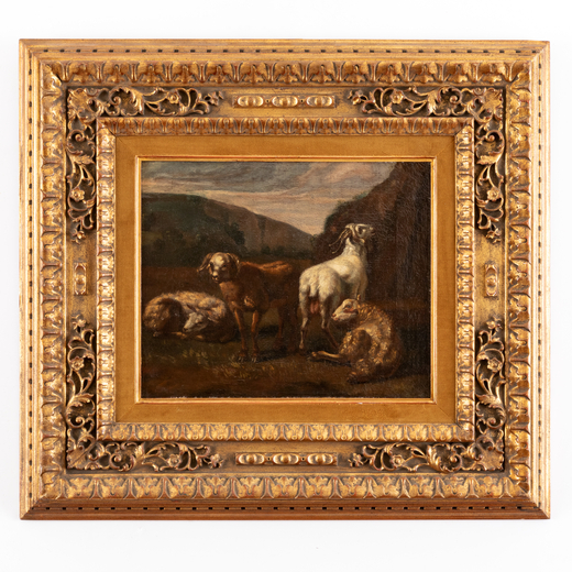 PITTORE DEL XVIII SECOLO Paesaggio pastorale<br>Olio su tela, cm 32X39