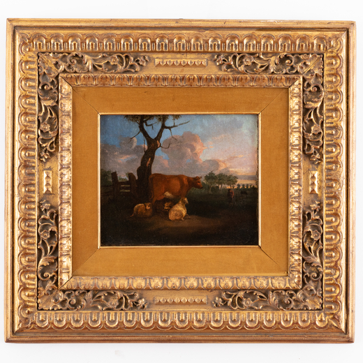 JACOB VAN STRIJ (cerchia di) (Dordrecht, 1756 - 1815)<br>Paesaggio pastorale<br>Olio su tela, cm 26X