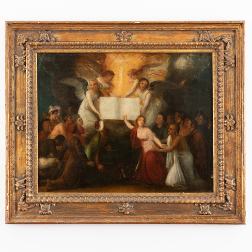 PITTORE DEL XVIII-XIX SECOLO La Trinità, angeli e santi <br>Olio su tela, cm 49X62