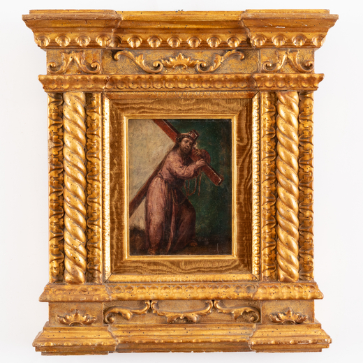 PITTORE DEL XVIII SECOLO Cristo portacroce<br>Olio su tavola, cm 21X15