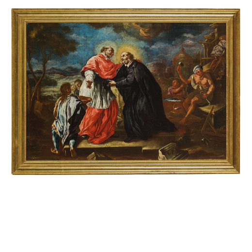 PITTORE NAPOLETANO DEL XVII - XVIII SECOLO Lincontro di Federico Borromeo con San Filippo Neri<br>Ol