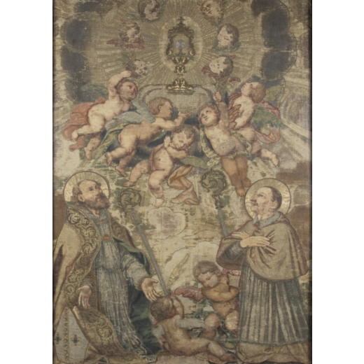 TESSUTO DEL XVII SECOLO, ITALIA CM 126X176<br>Importante tessuto in seta dipinto e ricamato in tecni