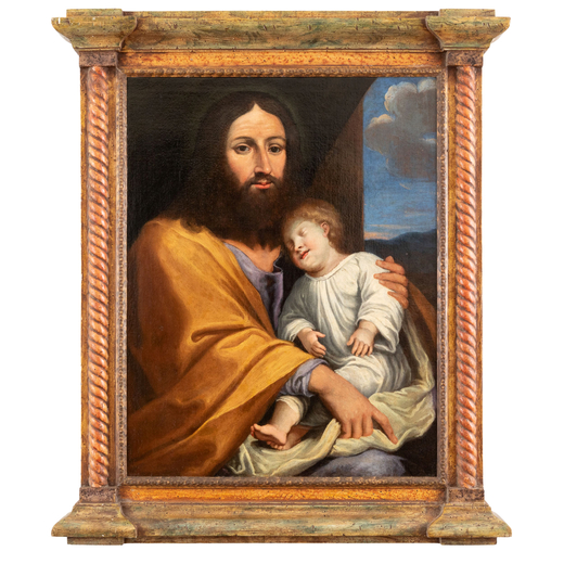 PITTORE DEL XVIII SECOLO San Giuseppe con il Bambino<br>Olio su tela, cm 75X59