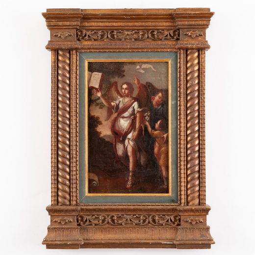 PITTORE DEL XVIII-XIX SECOLO Angelo custode <br>Olio su tela applicata su tavola, cm 40X25
