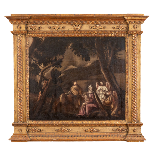 PITTORE EMILIANO DEL XVII-XVIII SECOLO Fuga in Egitto<br>Olio su tela applicata su tavola, cm 64X74