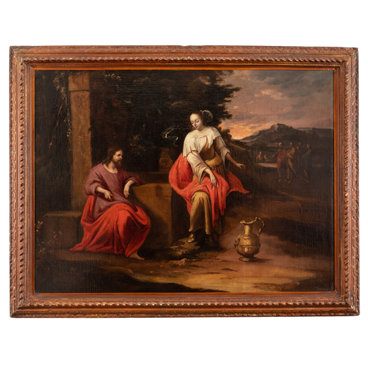 GERRIT CLAESZ BLEKER (attr. a) (Haarlem 1592 - 1656)<br>Cristo e la Samaritana <br>Olio su tela, cm 