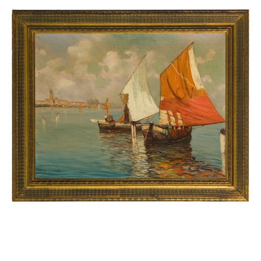 CARMINE CIARDIELLO Napoli, 1871 - 1916<br>Vele in laguna con la città di Venezia sullo sfondo<br>Fi