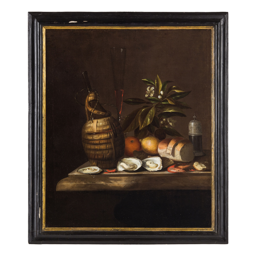PITTORE FIAMMINGO DEL XVII-XVIII SECOLO Natura morta con ostriche, pane e fiasca<br>Olio su tela, cm