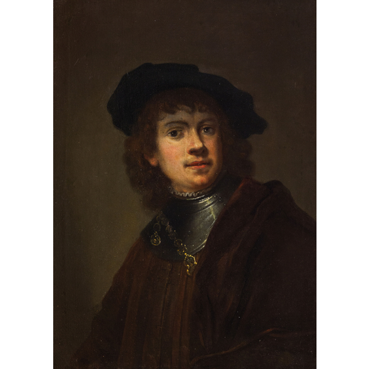 REMBRANDT HARMENSZOON VAN RIJN (copia da) (Leida, 1606 - Amsterdam, 1669)<br>Ritratto<br>Olio su tel