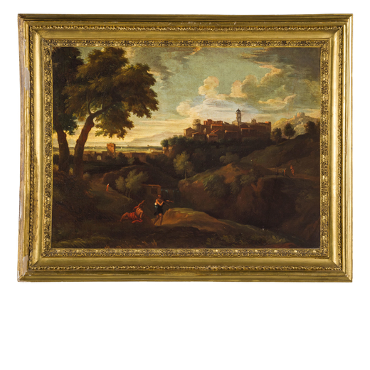 JAN FRANS VAN BLOEMEN detto LORIZZONTE (attr. a) (Anversa, 1662 - Roma, 1749)<br>Paesaggio arcadico 