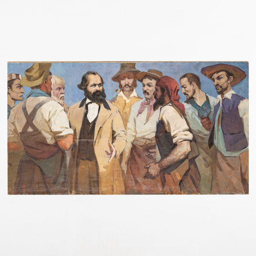 PITTORE DEL XX SECOLO <br>Karl Marks con gli operai<br>Olio su tela, cm 100X184