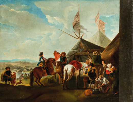 PIETER VAN BLOEMEN (maniera di) (Anversa, ca 1630 - dopo 1720)<br>Accampamento militare<br>Olio su t