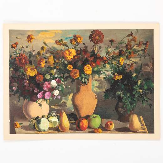 VALENTIN ALEKSANDROVICH GORDYCHUK 1947<br>Natura morta con fiori e frutta<br>Firmato Gordiyciuk in b