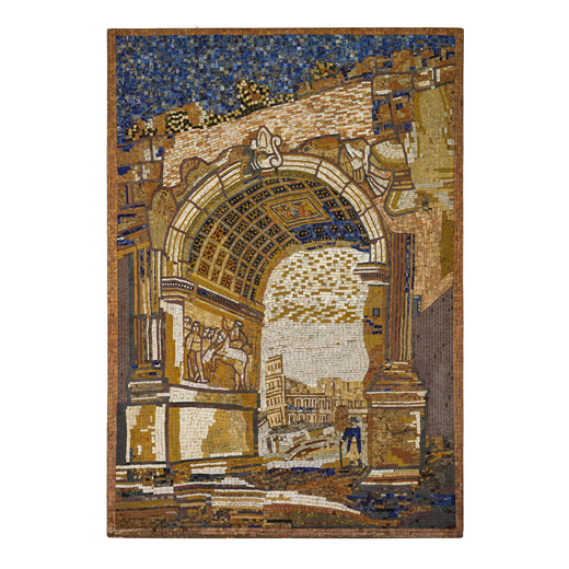 PANNELLO DECORATIVO IN MOSAICO, XX SECOLO  raffigurante architettura con rovine classiche e figure; 