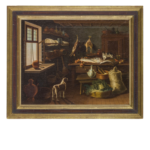 GIORGIO GIACOBONI (Piacenza, 1716 - Venezia, 1762)<br>Interno di cucina con cane<br>Olio su tela, cm