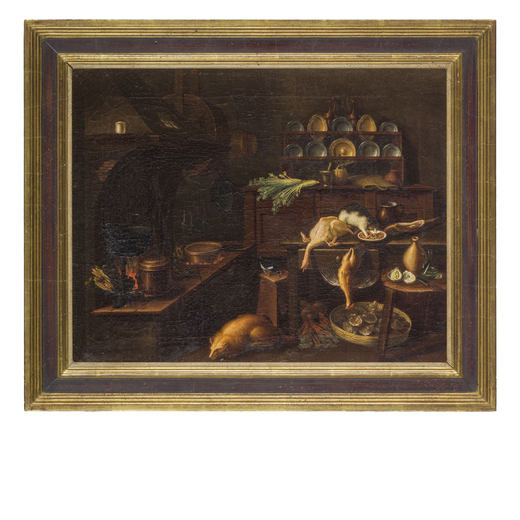 GIORGIO GIACOBONI (Piacenza, 1716 - Venezia, 1762)<br>Interno di cucina con cacciagione<br>Olio su t