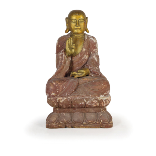 GRANDE SCULTURA IN LEGNO LACCATO, XX SECOLO raffigurante Buddha; usure, rotture, cadute e mancanze d