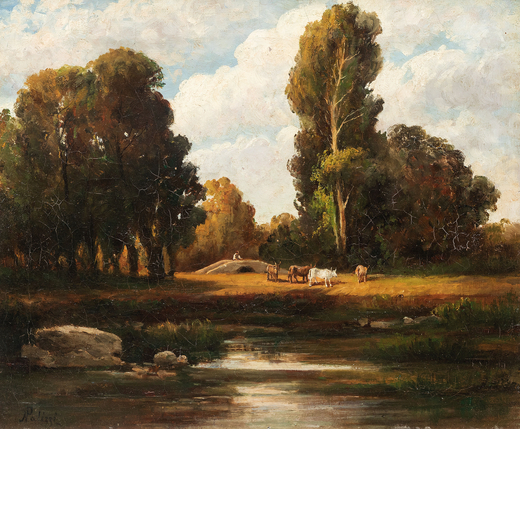 NICOLA PALIZZI Vasto, 1820 - Napoli, 1870<br>Paesaggio fluviale con buoi e contadino<br>Firmato N Pa