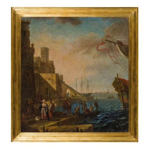 FRANCESCO ANTONIANI (Milano, 1700/1710 - Torino, 1775)<br>Paesaggio costiero con navi alla fonda<br>