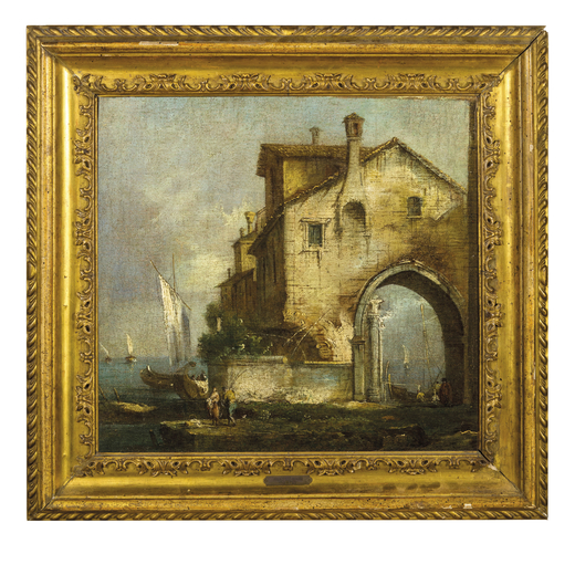 FRANCESCO GUARDI (scuola di) (Venezia, 1712 - 1793)<br>Capriccio<br>Olio su tela, cm 39X42